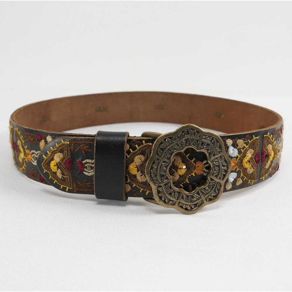 Lucky Brand Womens S Brown Leather Embroidered Boho Belt Bronze Buckle 29 31 33